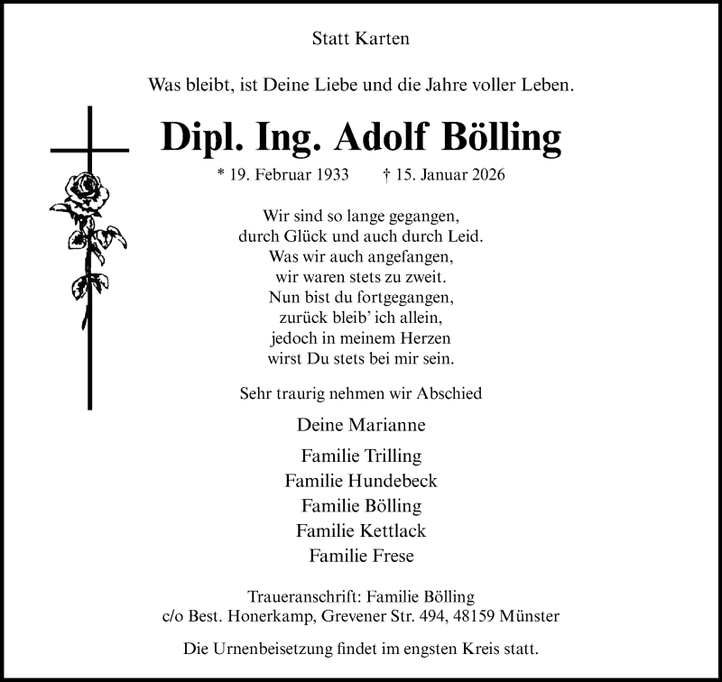  Traueranzeige für Adolf Bölling vom 24.01.2026 aus 