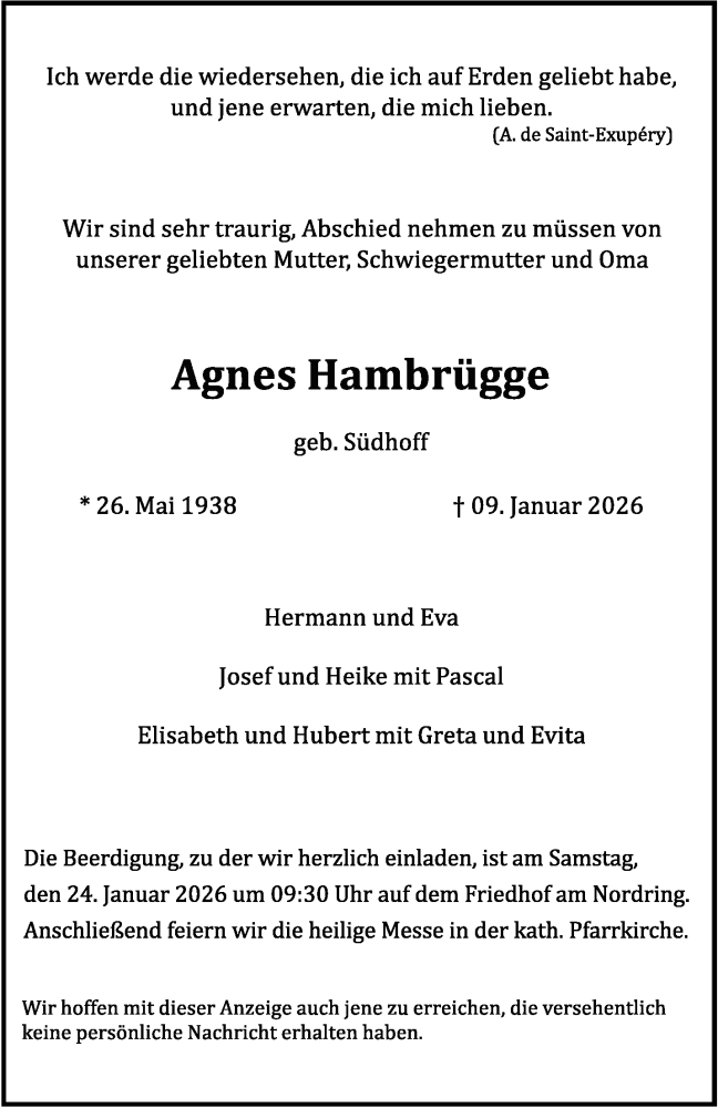  Traueranzeige für Agnes Hambrügge vom 17.01.2026 aus 