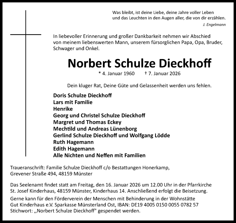  Traueranzeige für Norbert Schulze Dieckhoff vom 10.01.2026 aus 