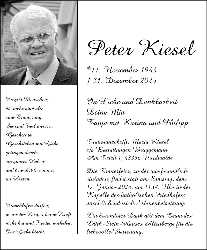  Traueranzeige für Peter Kiesel vom 10.01.2026 aus 