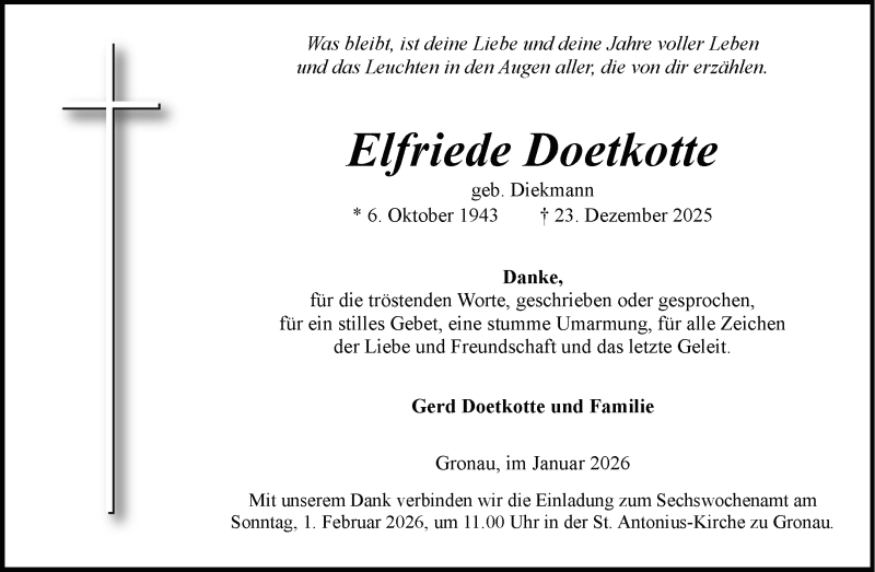  Traueranzeige für Elfriede Doetkotte vom 24.01.2026 aus 