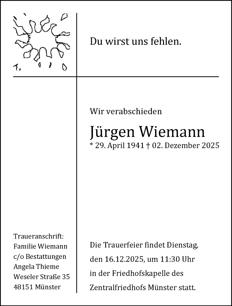  Traueranzeige für Jürgen Wiemann vom 13.12.2025 aus 