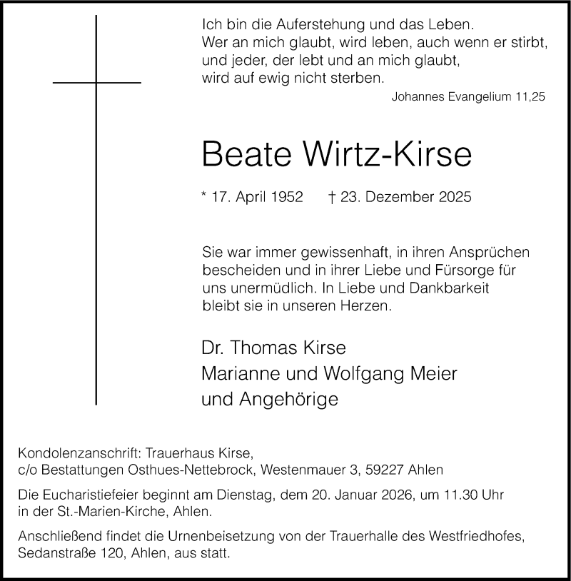  Traueranzeige für Beate Wirtz-Kirse vom 10.01.2026 aus 