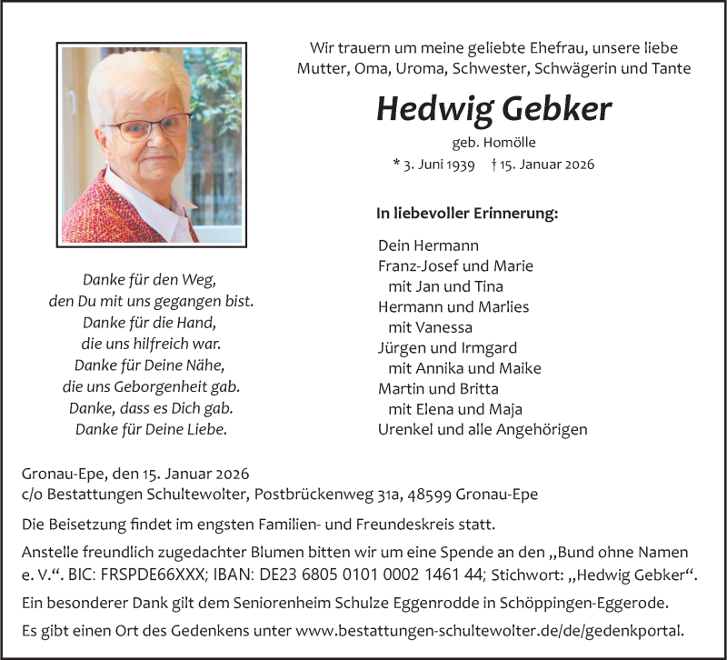  Traueranzeige für Hedwig Gebker vom 20.01.2026 aus 