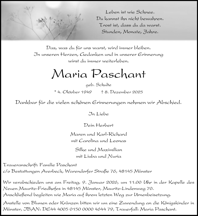  Traueranzeige für Maria Paschant vom 03.01.2026 aus 