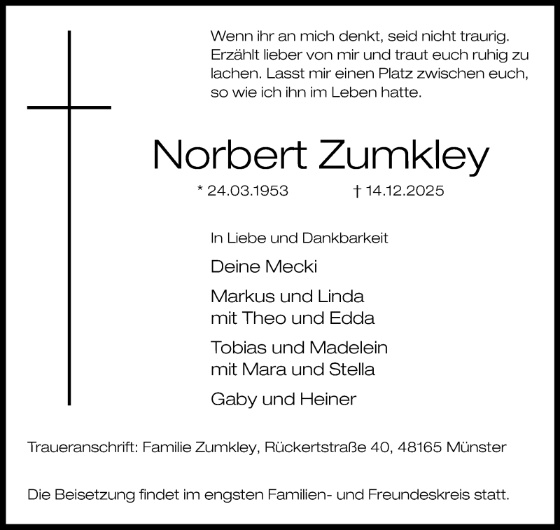  Traueranzeige für Norbert Zumkley vom 03.01.2026 aus 