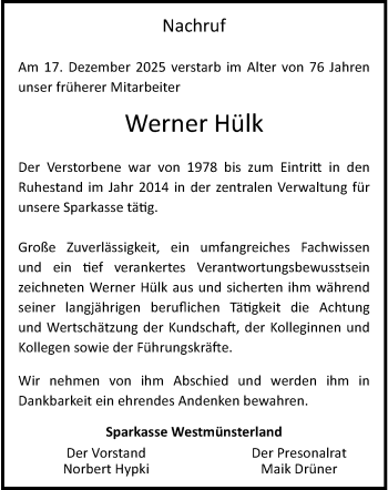 Anzeige von Werner Hülk 