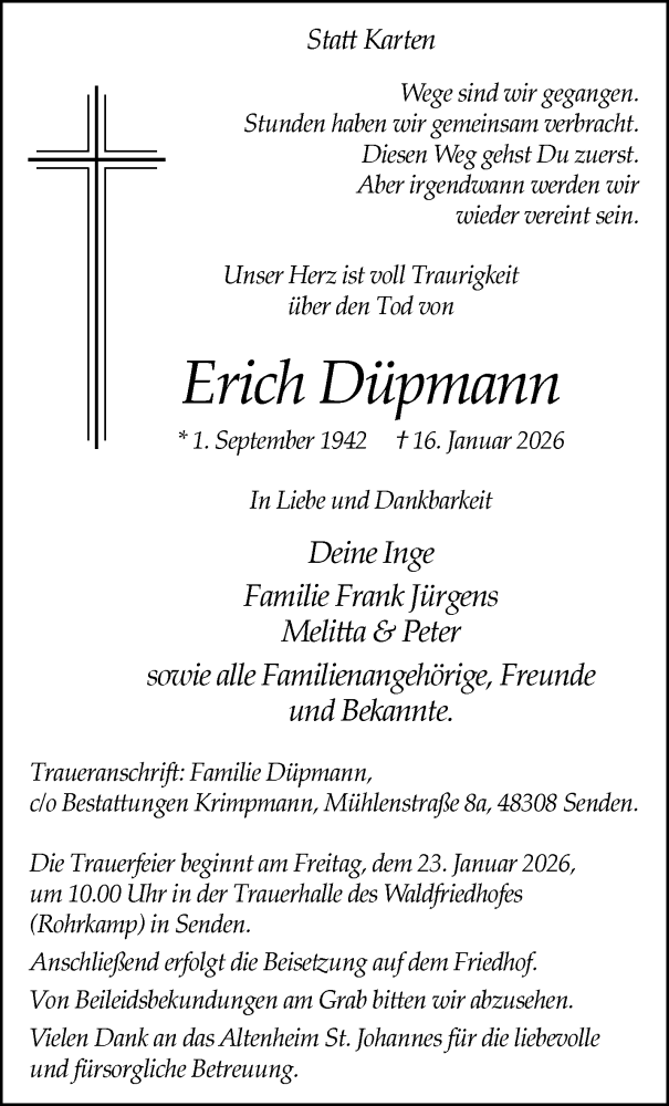  Traueranzeige für Erich Düpmann vom 21.01.2026 aus 