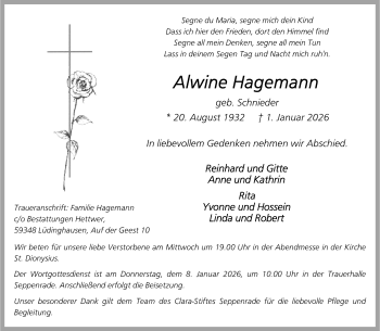 Anzeige von Alwine Hagemann 