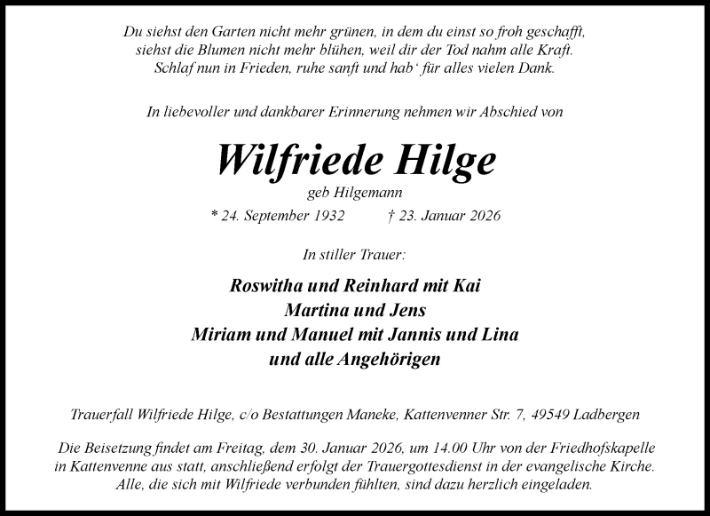  Traueranzeige für Wilfriede Hilge vom 28.01.2026 aus 