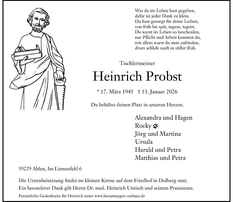 Traueranzeige für Heinrich Probst vom 24.01.2026 aus 