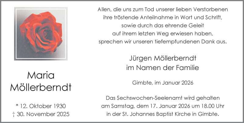  Traueranzeige für Maria Möllerberndt vom 10.01.2026 aus 