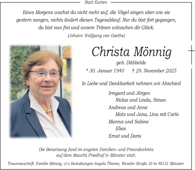  Traueranzeige für Christa Mönnig vom 17.12.2025 aus 