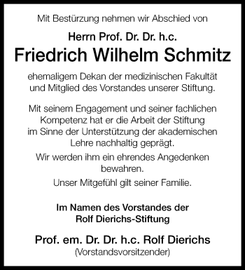Anzeige von Prof. Dr. Dr. h.c. Friedrich Wilhelm Schmitz 