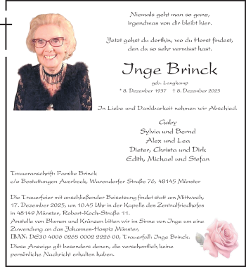 Anzeige von Inge Brinck 