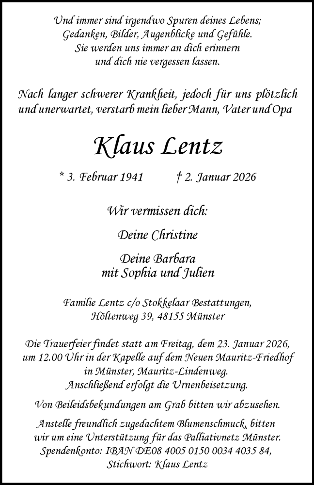  Traueranzeige für Klaus Lentz vom 17.01.2026 aus 