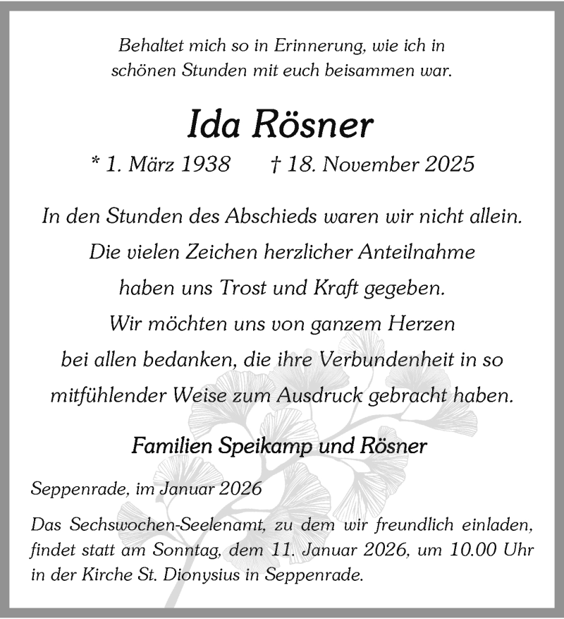  Traueranzeige für Ida Rösner vom 03.01.2026 aus 