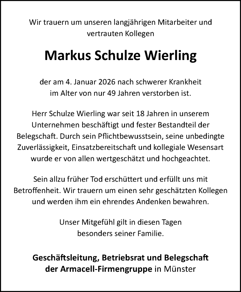 Traueranzeige für Markus Schulze Wierling vom 10.01.2026 aus 