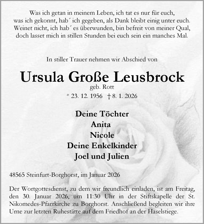  Traueranzeige für Ursula Große Leusbrock vom 24.01.2026 aus 
