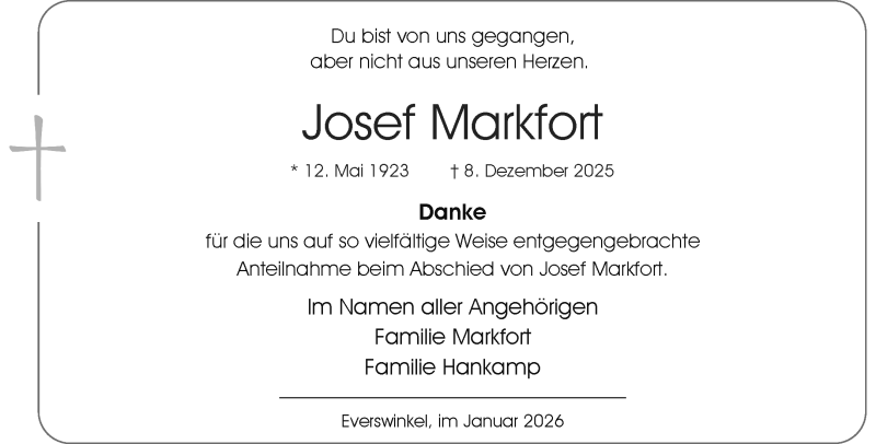  Traueranzeige für Josef Markfort vom 17.01.2026 aus 