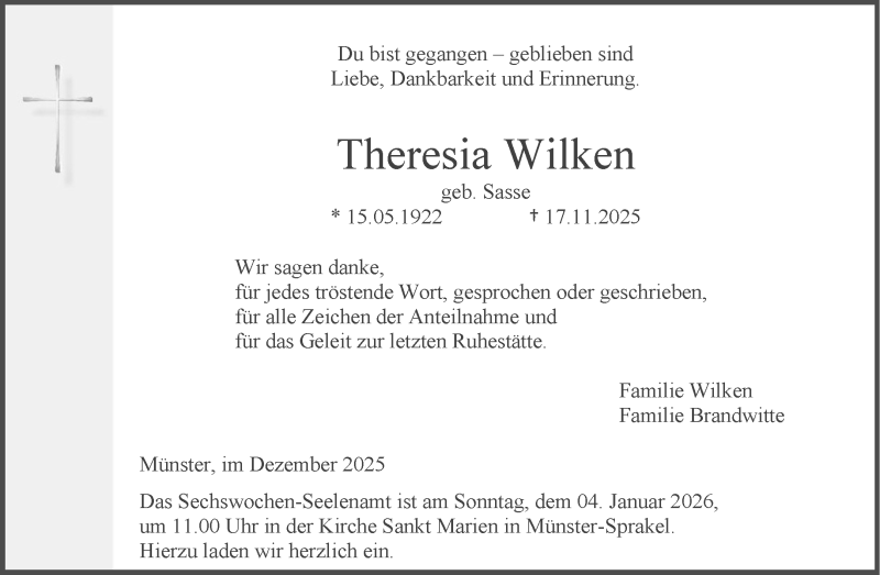  Traueranzeige für Theresia Wilken vom 27.12.2025 aus 