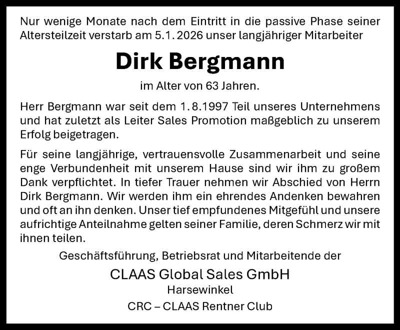  Traueranzeige für Dirk Bergmann vom 09.01.2026 aus 