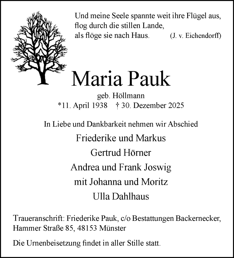 Traueranzeige für Maria Pauk vom 24.01.2026 aus 