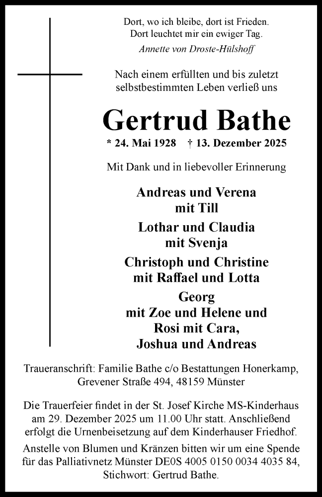  Traueranzeige für Gertrud Bathe vom 20.12.2025 aus 