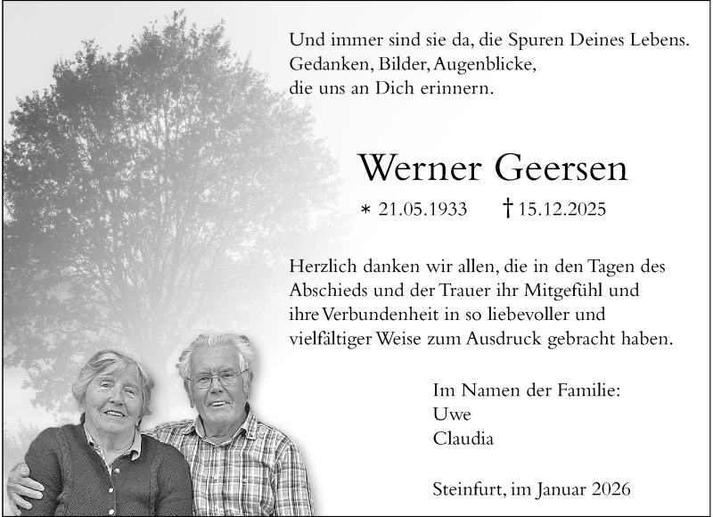  Traueranzeige für Werner Geersen vom 24.01.2026 aus 