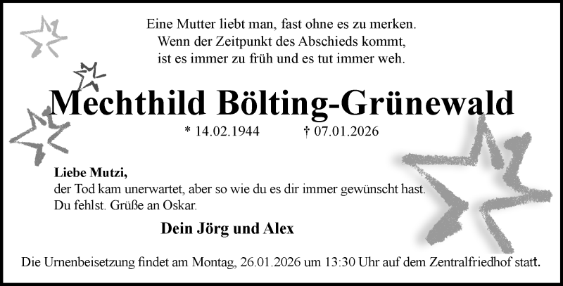  Traueranzeige für Mechthild Bölting-Grünewald vom 24.01.2026 aus 