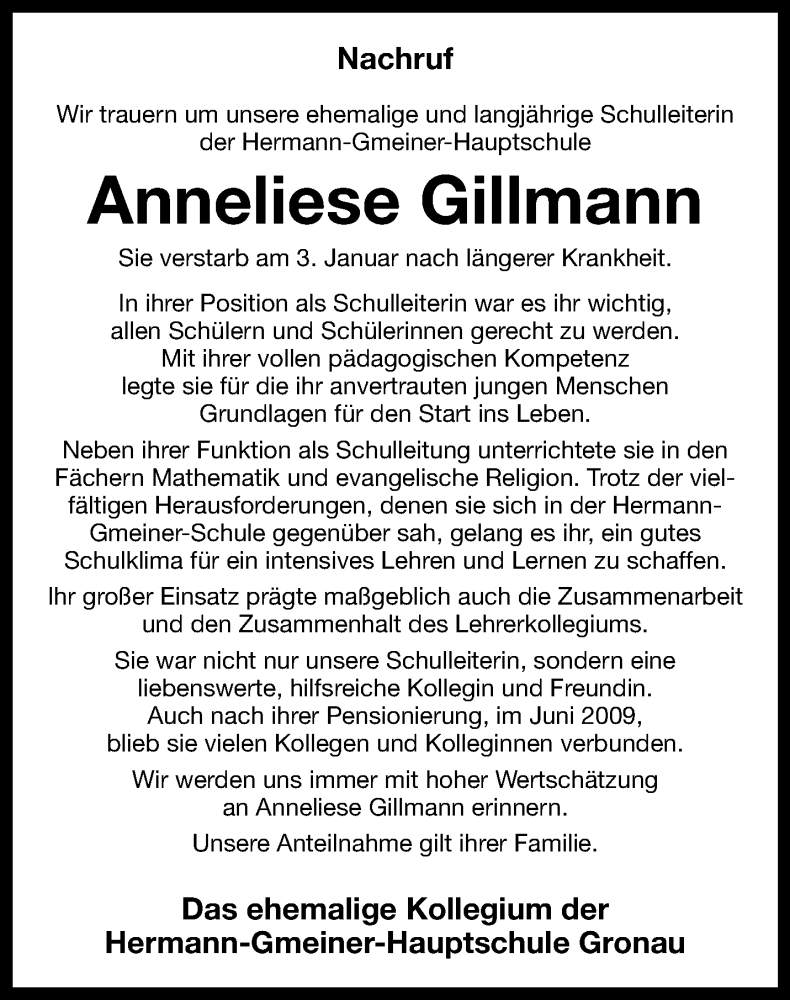  Traueranzeige für Anneliese Gillmann vom 24.01.2026 aus 