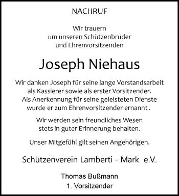 Anzeige von Joseph Niehaus 