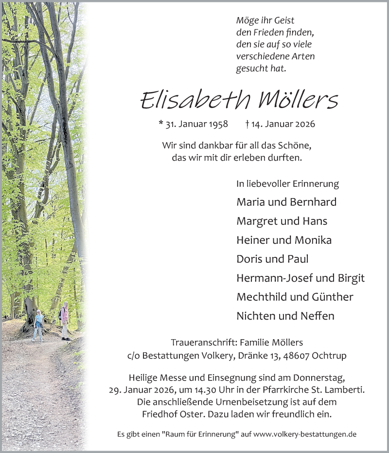  Traueranzeige für Elisabeth Möllers vom 20.01.2026 aus 