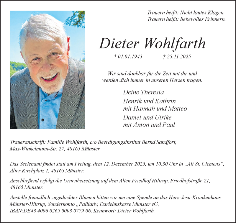  Traueranzeige für Dieter Wohlfarth vom 29.11.2025 aus 