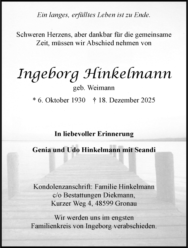  Traueranzeige für Ingeborg Hinkelmann vom 03.01.2026 aus 
