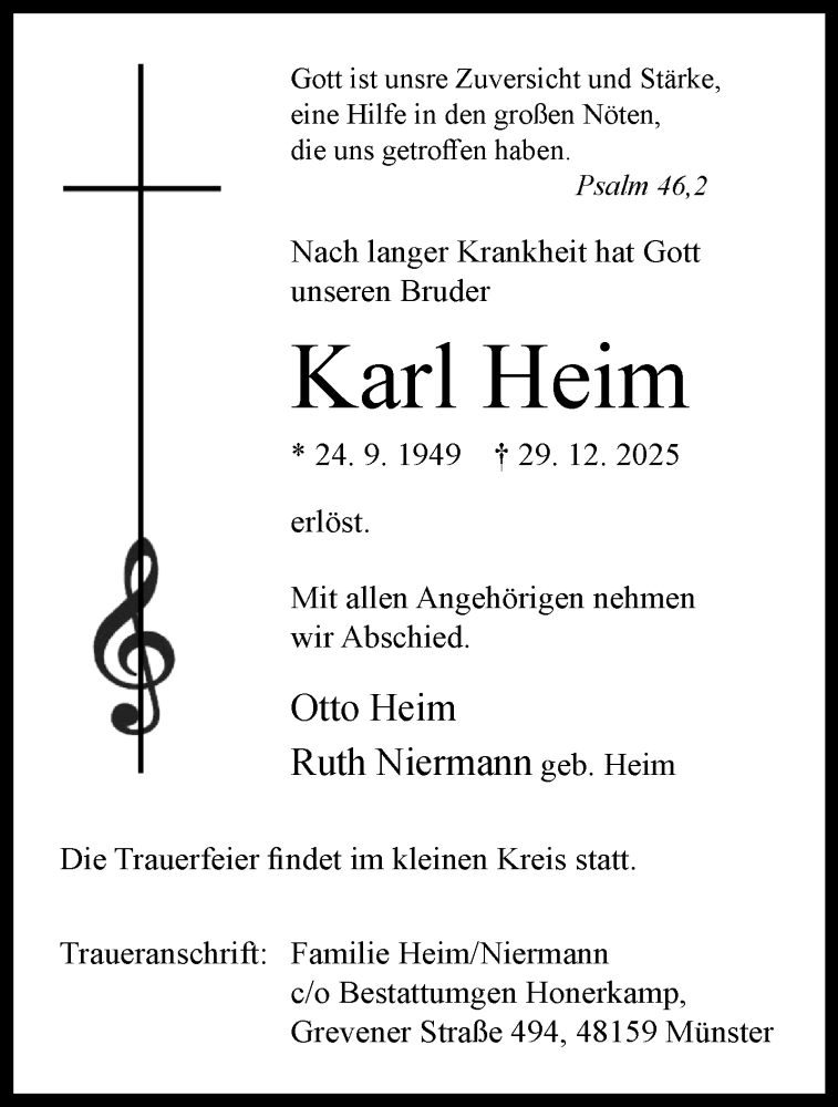  Traueranzeige für Karl Heim vom 17.01.2026 aus 