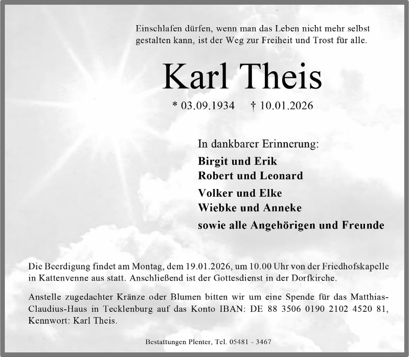  Traueranzeige für Karl Theis vom 14.01.2026 aus 