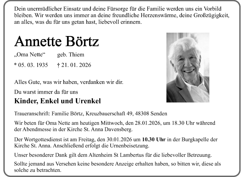  Traueranzeige für Annette Börtz vom 28.01.2026 aus 