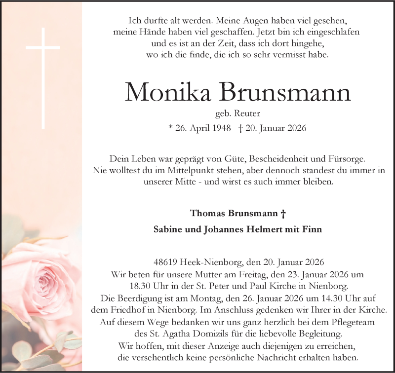  Traueranzeige für Monika Brunsmann vom 23.01.2026 aus 