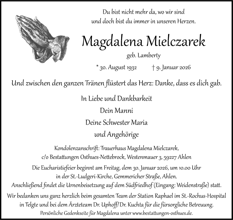  Traueranzeige für Magdalena Mielczarek vom 17.01.2026 aus 