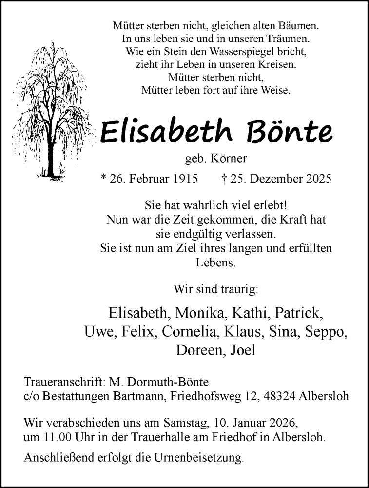  Traueranzeige für Elisabeth Bönte vom 03.01.2026 aus 
