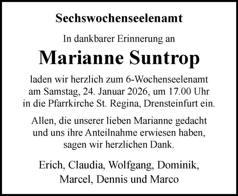  Traueranzeige für Marianne Suntrop vom 17.01.2026 aus 