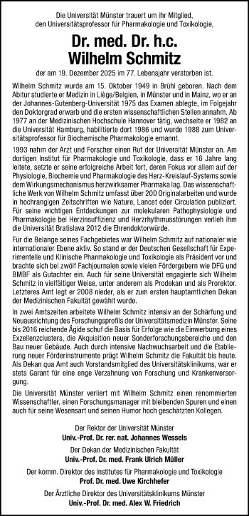 Anzeige von Dr. med. Dr. h.c. Wilhelm Schmitz 