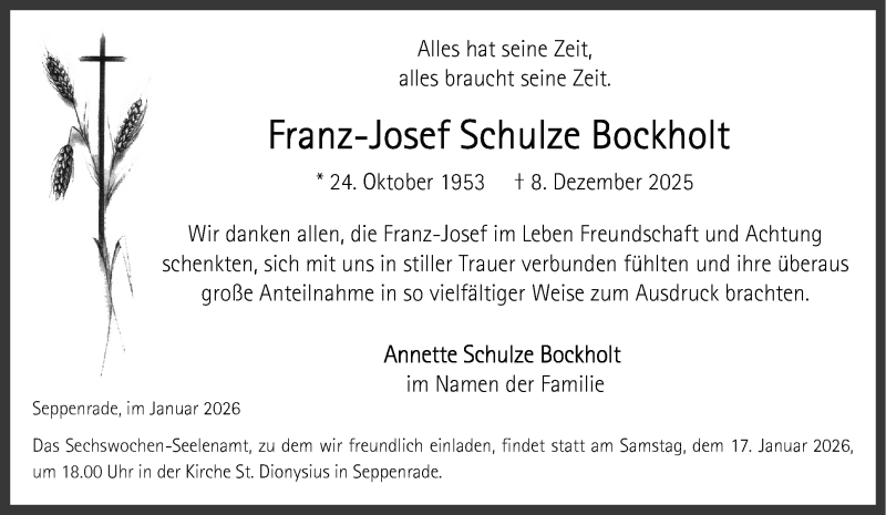  Traueranzeige für Franz-Josef Schulze Bockholt vom 14.01.2026 aus 