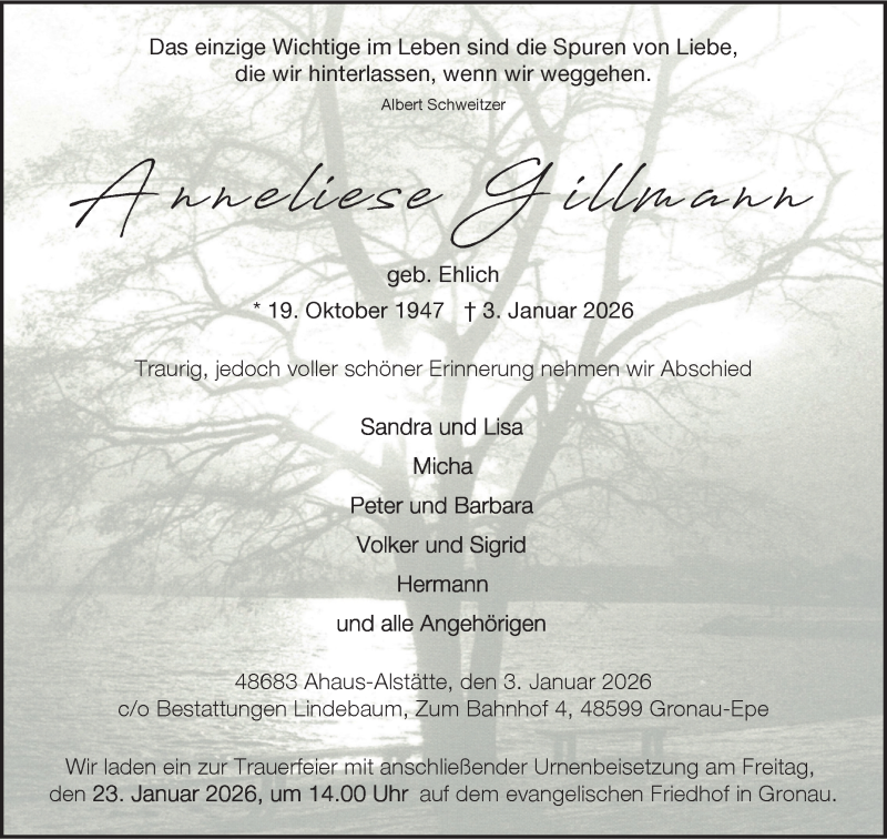  Traueranzeige für Anneliese Gillmann vom 10.01.2026 aus 
