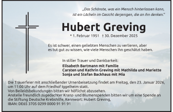 Anzeige von Hubert Greving 
