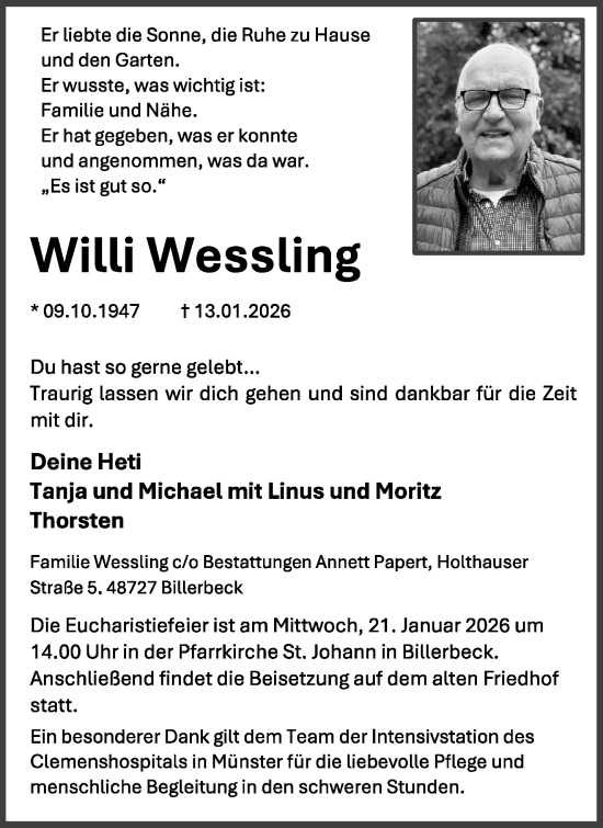 Anzeige von Willi Wessling von Westfälische Nachrichten