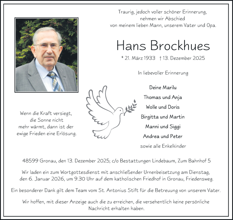  Traueranzeige für Hans Brockhues vom 31.12.2025 aus 