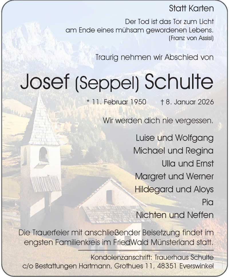  Traueranzeige für Josef Schulte vom 17.01.2026 aus 