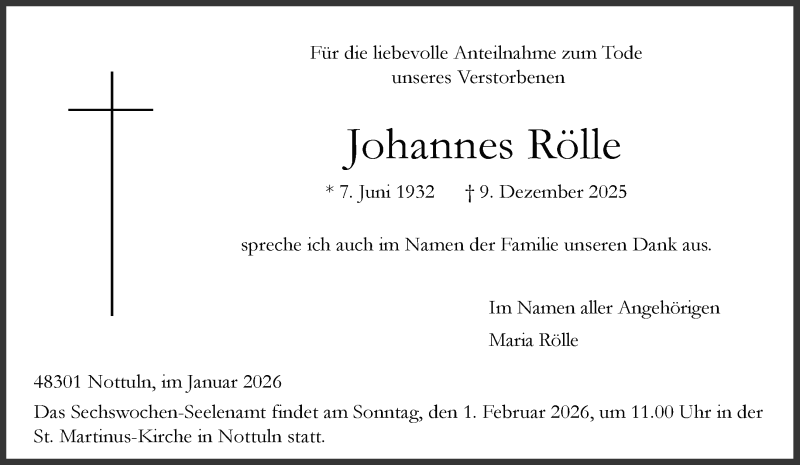  Traueranzeige für Johannes Rölle vom 24.01.2026 aus 